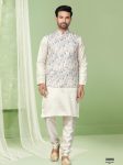 NEW ARRIVAL SILK PLAIN MEN'S KURTA PAYJAMA WITH DIGITAL PRINT WITH THREAD AND SEQUENCE WORK KOTI  WHITE