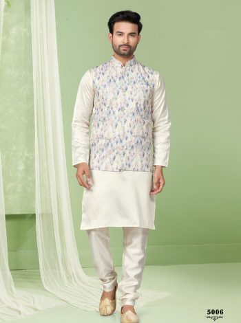 NEW ARRIVAL SILK PLAIN MEN'S KURTA PAYJAMA WITH DIGITAL PRINT WITH THREAD AND SEQUENCE WORK KOTI  WHITE