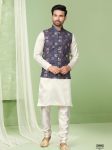 NEW ARRIVAL SILK PLAIN MEN'S KURTA PAYJAMA WITH DIGITAL PRINT WITH THREAD AND SEQUENCE WORK KOTI  NAVY BLUE