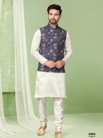 NEW ARRIVAL SILK PLAIN MEN'S KURTA PAYJAMA WITH DIGITAL PRINT WITH THREAD AND SEQUENCE WORK KOTI  NAVY BLUE
