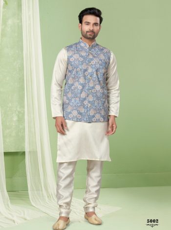 NEW ARRIVAL SILK PLAIN MEN'S KURTA PAYJAMA WITH DIGITAL PRINT WITH THREAD AND SEQUENCE WORK KOTI  SKY
