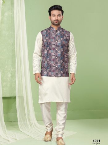 NEW ARRIVAL SILK PLAIN MEN'S KURTA PAYJAMA WITH DIGITAL PRINT WITH THREAD AND SEQUENCE WORK KOTI  BLUE