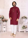 NEW ARRIVAL SILKY SILK THREAD WORK MEN'S KURTA PAYJAMA MAROON