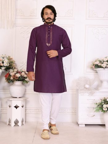 NEW ARRIVAL SILKY SILK THREAD WORK MEN'S KURTA PAYJAMA PURPLE