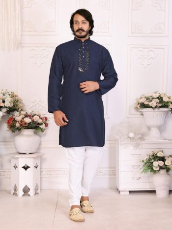 NEW ARRIVAL SILKY SILK THREAD WORK MEN'S KURTA PAYJAMA NAVY BLUE