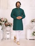 NEW ARRIVAL SILKY SILK THREAD WORK MEN'S KURTA PAYJAMA GREEN