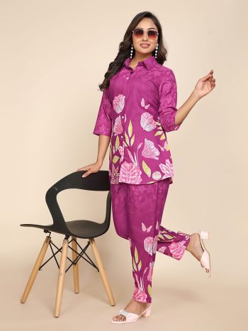 NEW ARRIVAL SLUB COTTON PRINT WORK CO-ORD SET PINK