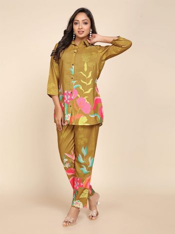 NEW ARRIVAL SLUB COTTON PRINT WORK CO-ORD SET YELLOW