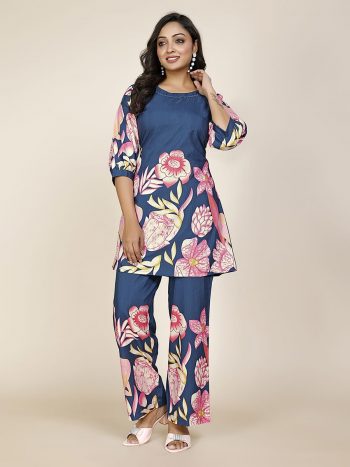 NEW ARRIVAL SLUB COTTON PRINT WORK CO-ORD SET BLUE