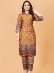 NEW ARRIVAL SLUB COTTON PRINT WORK CO-ORD SET  YELLOW