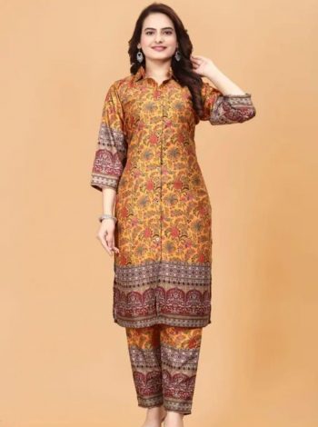 NEW ARRIVAL SLUB COTTON PRINT WORK CO-ORD SET  YELLOW