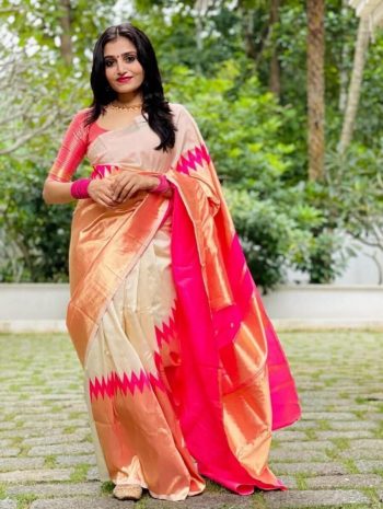 NEW ARRIVAL SOFT LICHI SILK JACQUARD WORK SAREE WITH UNSTITCHED BLOUSE WHITE