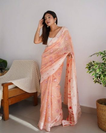 NEW ARRIVAL SOFT LINEN SILK JARI WEAVING WORK SAREE WITH UNSTITCHED BLOUSE PEACH