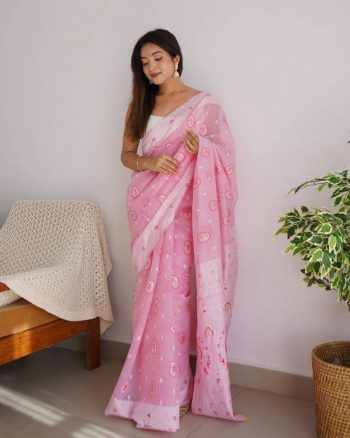NEW ARRIVAL SOFT LINEN SILK JARI WEAVING WORK SAREE WITH UNSTITCHED BLOUSE