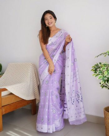 NEW ARRIVAL SOFT LINEN SILK JARI WEAVING WORK SAREE WITH UNSTITCHED BLOUSE LAVENDER