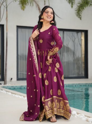 NEW ARRIVAL STAR GEORGETTE EMBROIDERY SEQUENCE WORK GOWN WITH DUPATTA WINE