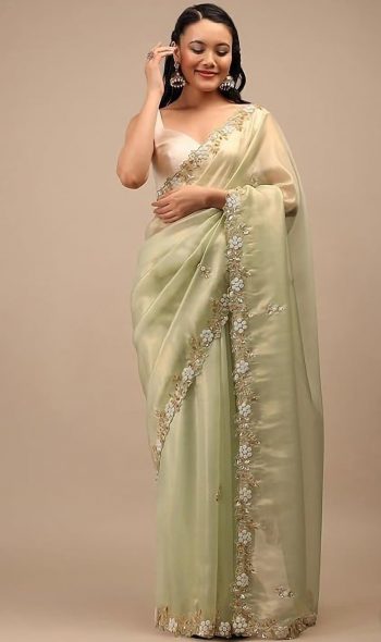 NEW ARRIVAL TABBY SILK CUT BORDER WITH HANDWORK SAREE WITH UNSTITCHED BLOUSE MINT