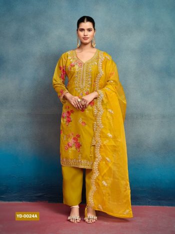 NEW ARRIVAL TABBY SILK DIGITAL PRINT AND EMBROIDERY SEQUENCE WORK  WITH MOTI WORK TOP BOTTOM WITH DUPATTA  YELLOW