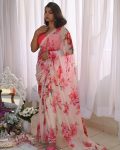 NEW ARRIVAL TABBY SILK FLORAL PRINTED HANDWORK SAREE WITH UNSTITCHED BLOUSE PINK
