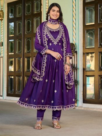 NEW ARRIVAL VICHITRA SILK EMBROIDERY WORK TOP BOTTOM WITH DUPATTA PURPLE