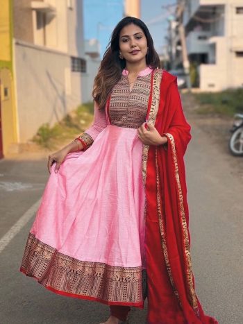 NEW ARRIVAL VICHITRA SILK JACQUARD ZARI WEAVING WORK ANARKALI GOWN WITH DUPATTA BABY PINK