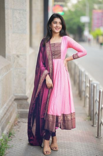 NEW ARRIVAL VICHITRA SILK JACQUARD ZARI WEAVING WORK ANARKALI GOWN WITH DUPATTA BABY PINK