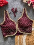 NEW ARRIVAL VICHITRA SILK LACE WORK READY TO WEAR STITCHED BLOUSE WINE