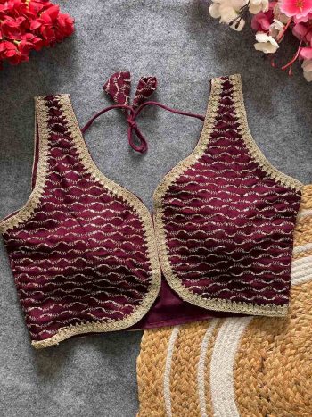 NEW ARRIVAL VICHITRA SILK LACE WORK READY TO WEAR STITCHED BLOUSE WINE