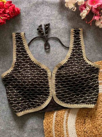 NEW ARRIVAL VICHITRA SILK LACE WORK READY TO WEAR STITCHED BLOUSE BLACK