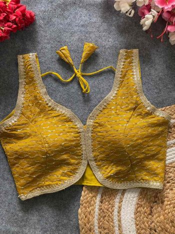 NEW ARRIVAL VICHITRA SILK LACE WORK READY TO WEAR STITCHED BLOUSE YELLOW