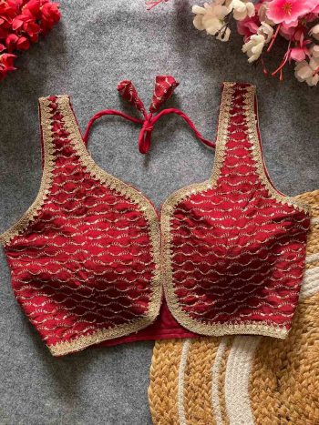 NEW ARRIVAL VICHITRA SILK LACE WORK READY TO WEAR STITCHED BLOUSE RED