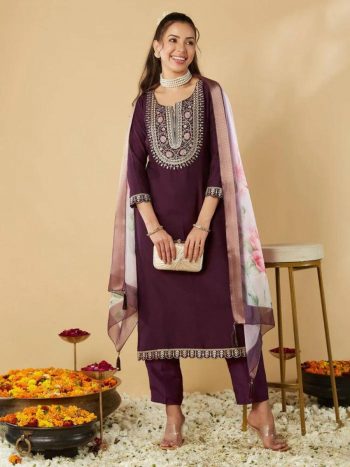 NEW ARRIVAL VISCOSE CHANDERI SILK SEQUENCE CODING EMBROIDERY WORK TOP BOTTOM WITH DUPATTA  WINE