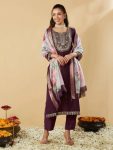 NEW ARRIVAL VISCOSE CHANDERI SILK SEQUENCE CODING EMBROIDERY WORK TOP BOTTOM WITH DUPATTA FESTIVE WEAR WHOLESALE PRICE ETHNIC GARMENT (4)