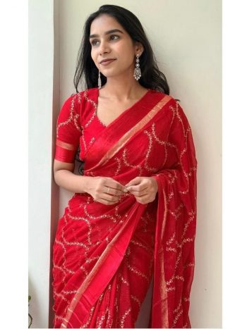 NEW ARRIVAL VISCOSE SEQUENCE EMBROIDERY SATIN PATTA SAREE WITH UNSTITCHED BLOUSE RED