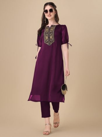 RICH LOOK ART SILK EMBROIDERY WORK KURTI  WINE