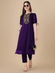 RICH LOOK ART SILK EMBROIDERY WORK KURTI  PURPLE