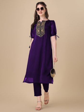 RICH LOOK ART SILK EMBROIDERY WORK KURTI  PURPLE