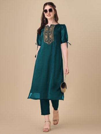 RICH LOOK ART SILK EMBROIDERY WORK KURTI  GREEN