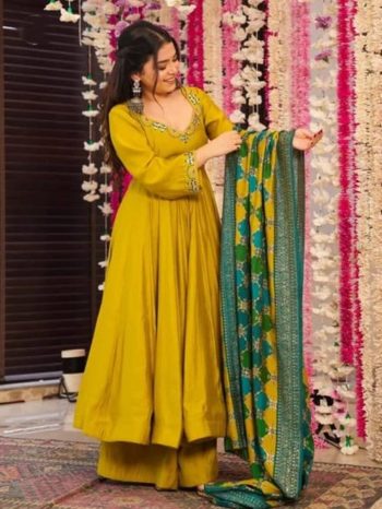 RICH LOOK CHANDERI EMBROIDERY WORK TOP BOTTOM WITH DUPATTA  YELLOW