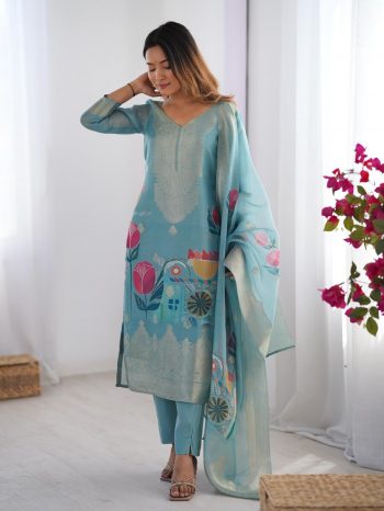 RICH LOOK CHANDERI SILK JACQUARD WORK WITH DIGITAL PRINTED TOP BOTTOM DUPATTA SKY