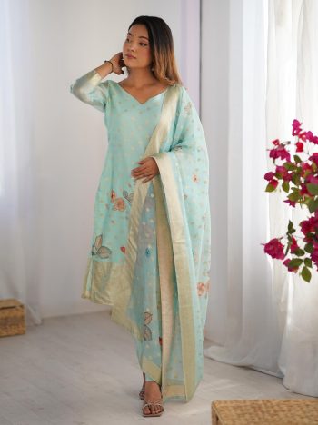 RICH LOOK CHANDERI SILK JACQUARD WORK WITH DIGITAL PRINTED TOP BOTTOM DUPATTA SEA GREEN