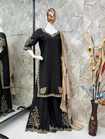 RICH LOOK CHINON SEQUENCE EMBROIDERY WORK TOP PALAZZO WITH DUPATTA BLACK