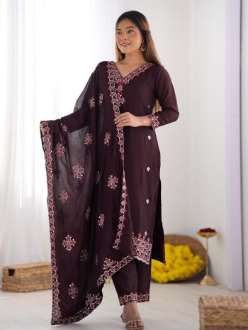 RICH LOOK CHINON SILK EMBROIDERY SEQUENCE WORK AND HEAVY LACE WORK TOP BOTTOM WITH DUPATTA  WINE
