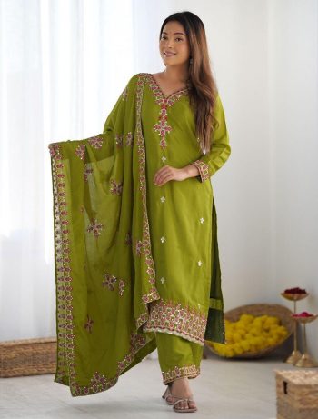 RICH LOOK CHINON SILK EMBROIDERY SEQUENCE WORK AND HEAVY LACE WORK TOP BOTTOM WITH DUPATTA  PARROT GREEN