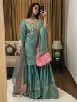 RICH LOOK CHINON SILK EMBROIDERY SEQUENCE WORK TOP SHARARA WITH DUPATTA  RAMA