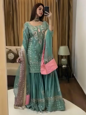 RICH LOOK CHINON SILK EMBROIDERY SEQUENCE WORK TOP SHARARA WITH DUPATTA  RAMA