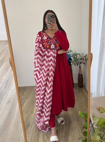 RICH LOOK COTTON CHANDERI SILK  SEQUENCE EMBROIDERY TOP BOTTOM WITH DUPATTA RED