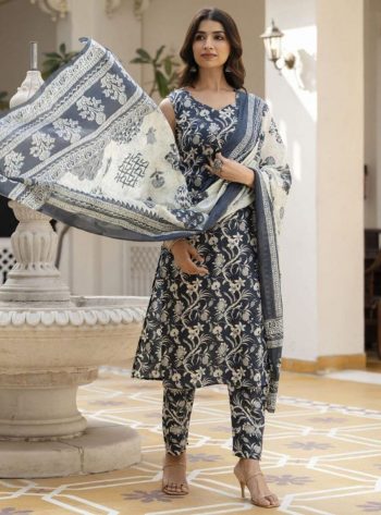RICH LOOK COTTON PRINTED TOP BOTTOM WITH DUPATTA NAVY BLUE