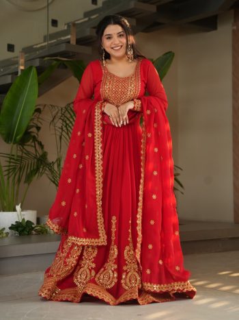 RICH LOOK FAUX BLOOMING EMBROIDERY ZARI SEQUENCE WORK GOWN WITH DUPATTA  RED
