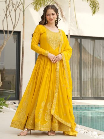RICH LOOK FAUX BLOOMING EMBROIDERY ZARI SEQUENCE WORK GOWN WITH DUPATTA  LEMON